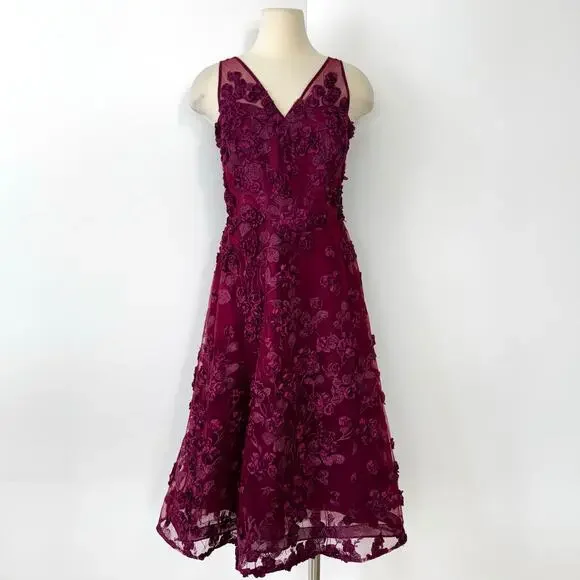 Teri Jon by Rickie Freeman Tulle Tea-Length Midi Dress 3D Floral Burgundy 6
